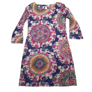 Lilly Pulitzer Womens XS Pima Cotton Elephant Mandala Shift Dress Blue Pink 3/4